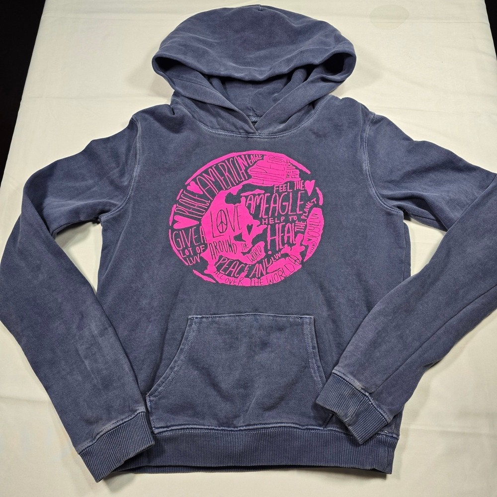 Vintage‎ American Eagle Outfitters Womens XS Blue Peace Love Graphic Hoodie Y2K